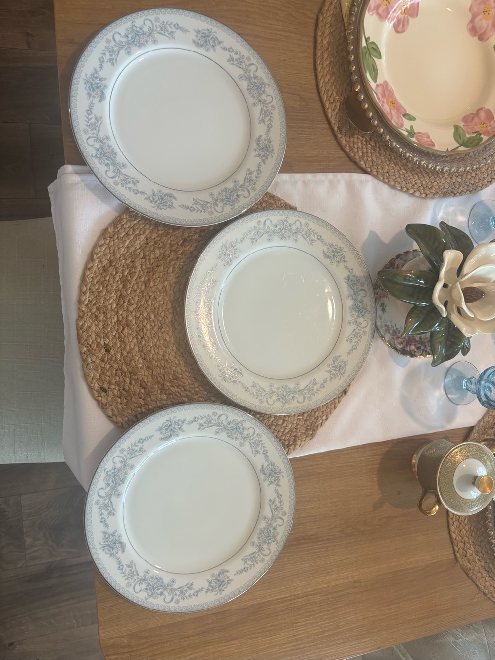 3 Mikasa White and Blue Dinner Plates with Silver Floral Scroll Border